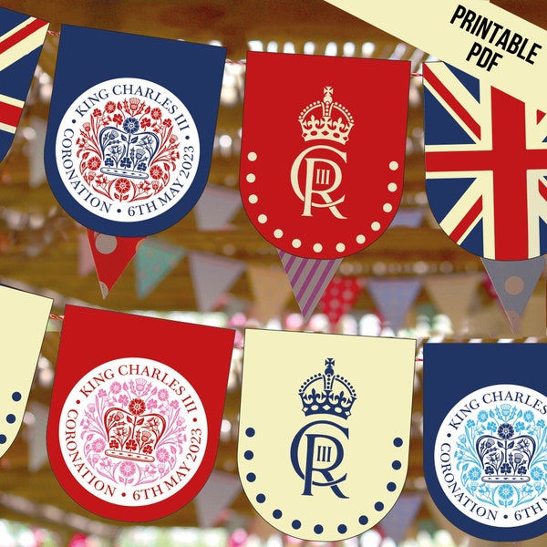 PDF Printable King Charles Coronation Celebration Banner / The King's 2023 bunting flags / Street Party / Union Jack / Royal /British