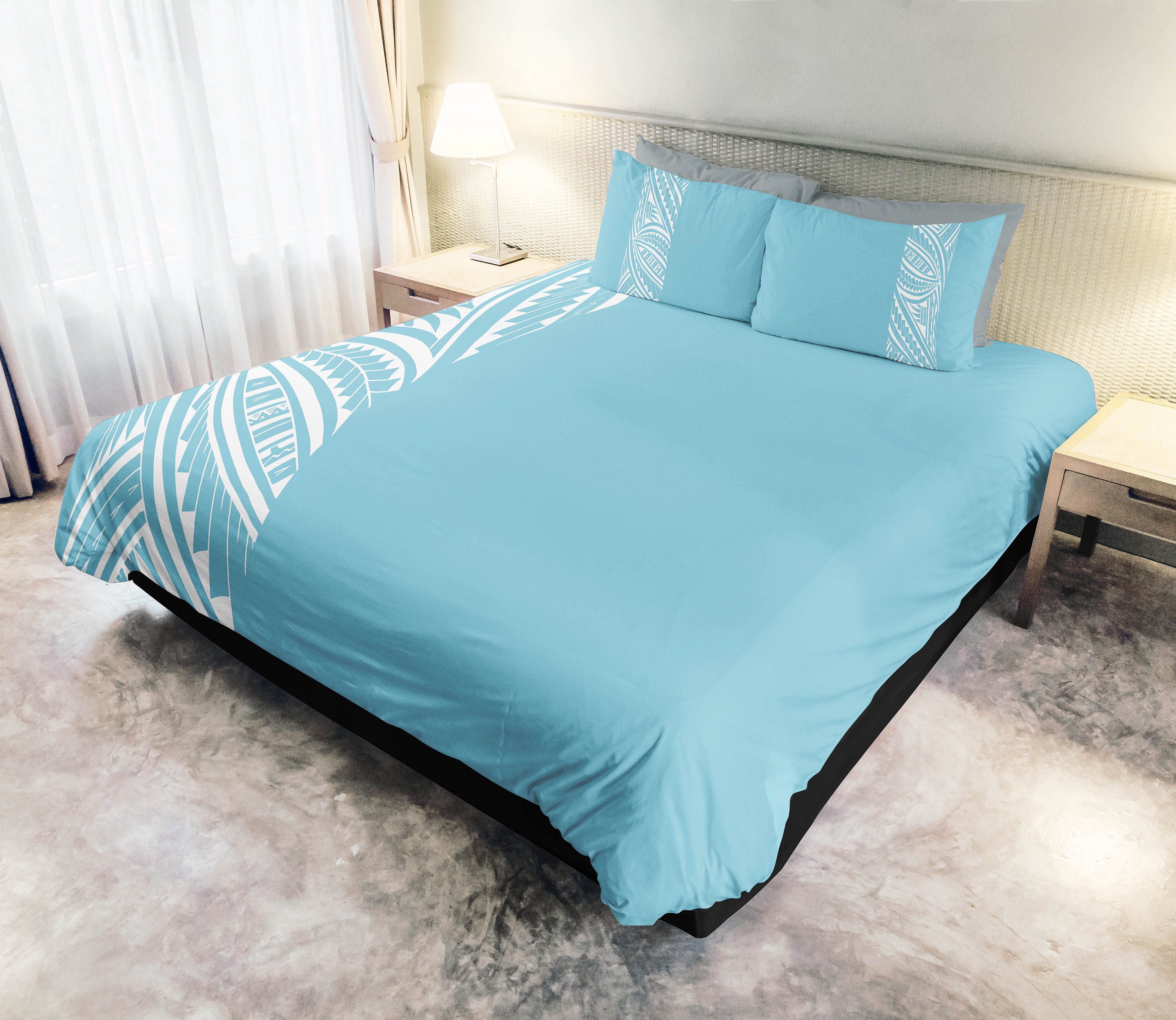Tribal Tattoo Style Bedding Light Blue / White, Tribal Duvet, Hawaiian