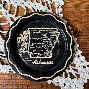 Vintage Black & Gold Miniature Tin Arkansas Souvenir Collectible Tray Ring Dish Catch-all