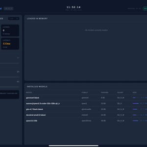 May include: A dark blue dashboard interface displaying system resources, including CPU usage, RAM, and storage capacity. The interface also shows installed models and loaded memory information. The time is 11:52 AM.