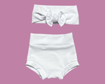 White Bummies and Headband Set: Baby Toddler Bloomers Outfit
