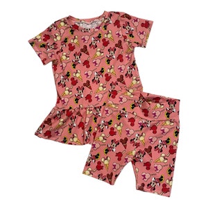 2 pcs set peplum top and leggings, cartoon girl outfit, short sleeve peplum top, short leggings