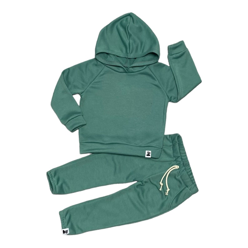 May include: A two-piece children's outfit in a muted teal color. The set includes a hooded sweatshirt with long sleeves and matching sweatpants. The pants have a drawstring waist and the set has small white tags.