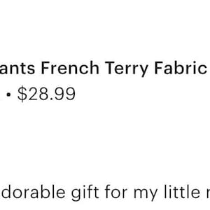May include: The image displays a variety of colorful joggers pants made from French Terry fabric, designed for kids aged NB-8Y. A small image shows the different colors available. The text also includes a customer review.