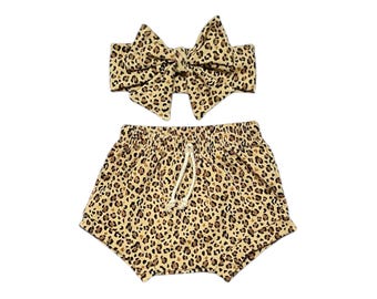 Leopard Baby Shorts With Bow, Toddler Animal Print Bloomers, Girls Summer Clothing, Boutique Outfit