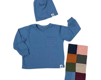 Waffle Knit Sweatshirt & Slouchy Beanie Hat NB-6Y Boys and Girls