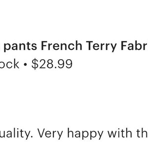 May include: A display of children's joggers pants in various colors, including blue, pink, and black. The text reads "joggers pants French Terry Fabric kids NB-8Y". The image also shows a five-star rating and a customer review.
