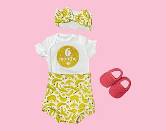 Banana bummies and bow headband set, baby girl cute outfit, diaper cover, high waist shorts, toddler bummies, fashion baby girl outfit