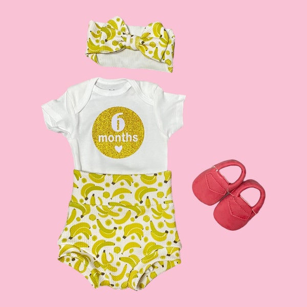 Banana bummies and bow headband set, baby girl cute outfit, diaper cover, high waist shorts, toddler bummies, fashion baby girl outfit