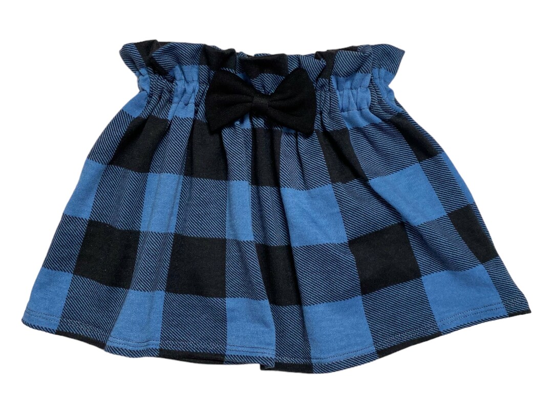Blue Black Buffalo Plaid Girls Skirt, Paper Bag Waist Skirt, Bow Girl