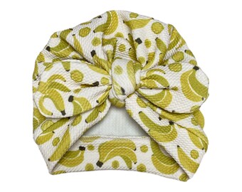 baby and toddler turban with banana print, soft and stretchy headwrap, handmade kids fashion