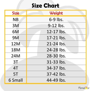 May include: Size chart for baby and toddler clothing, showing corresponding weight ranges for each size. Sizes include NB, 3M, 6M, 9M, 12M, 18M, 24M, 3T, 4T, 5T, and 6 Small.