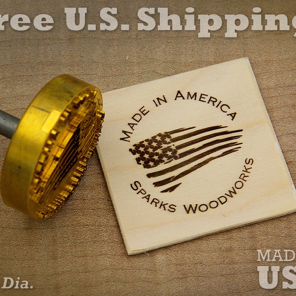 Branding Iron - 2in Round Custom Text "Made in America" with American Flag for Wood or Leather Stamp