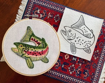 Rainbow Trout Stick & Stitch Embroidery Patch Fishing Hobby Design Trout Cross Stitch Fish Forelle Handmade Gift Embroidery For Clothing