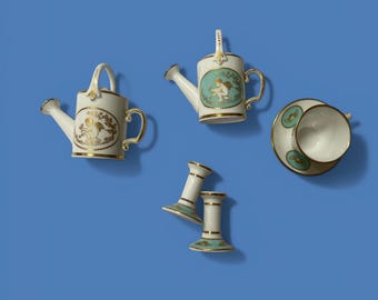 Vintage Spode bone china putti/ angel design watering can candlesticks and tea cup