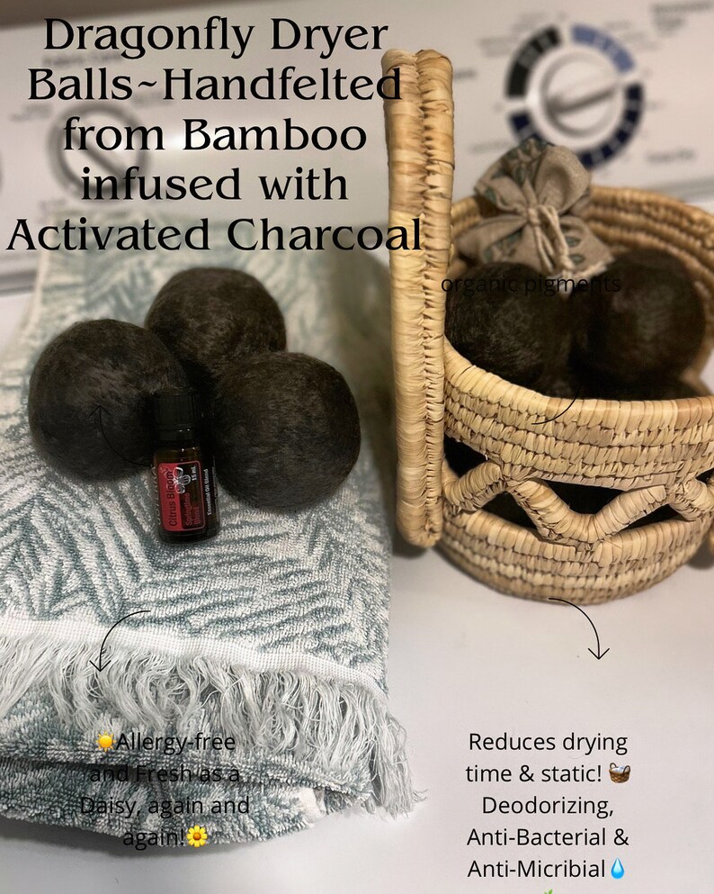 Bamboo Dryer BallsHand Crafted using Activated Charcoal Infused Bamboo Roving with Negative Ions & MineralsPlant BasedSet of 3 image 2