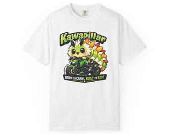 Camiseta Kawapillar con diseño de oruga y motocicleta / Nacido para gatear, hecho para montar