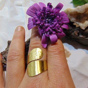 May include: A gold hammered ring with a smooth band. The ring is worn on a finger with a purple flower in the background.