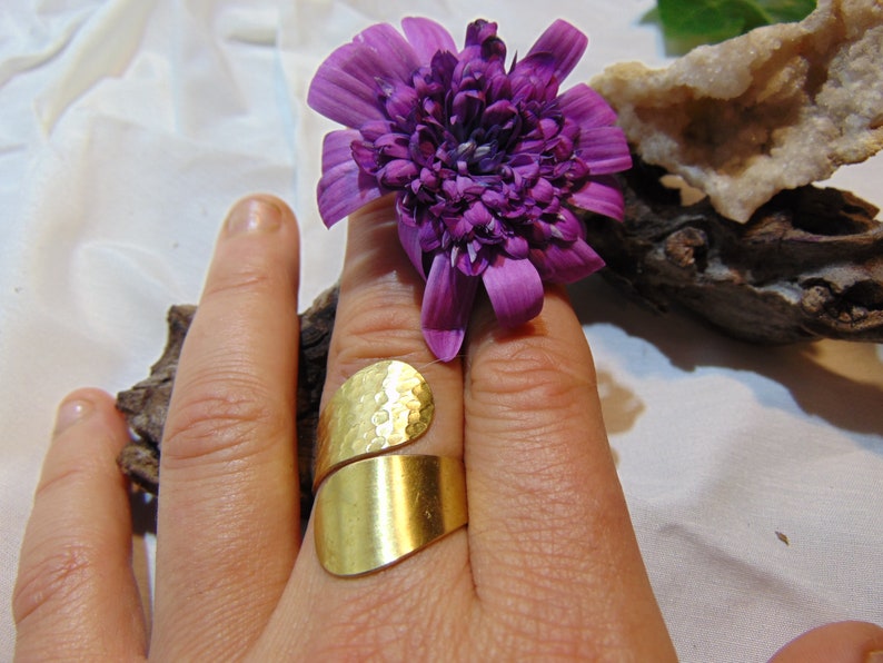 May include: A gold hammered ring with a smooth band. The ring is worn on a finger with a purple flower in the background.