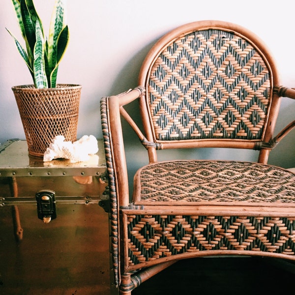 SALE // Pair of Vintage Rattan Chairs w/ Black Diamond Pattern
