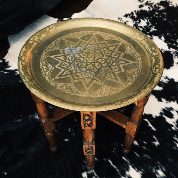 Vintage Middle Eastern Brass Tray w/ Hand-Etched Wooden Folding Table Base