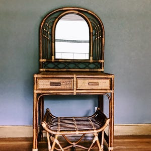 RESERVED // Rare Vintage Bamboo + Rattan 3-Piece Vanity Dresser Set w/ Mirror + Stool / Art Deco / Boho Vanity Set