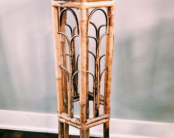 Vintage Hexagon Burnt-Tortoise Bamboo Plant Stand / Small Boho Side Table