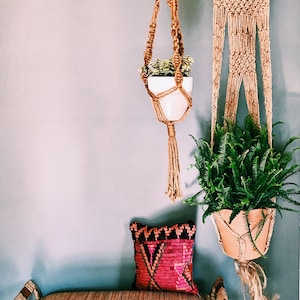 Vintage Macrame + Bead Plant Hanger  / Bohemian Hanging Plant Holder / Fits 7&quot; Pot