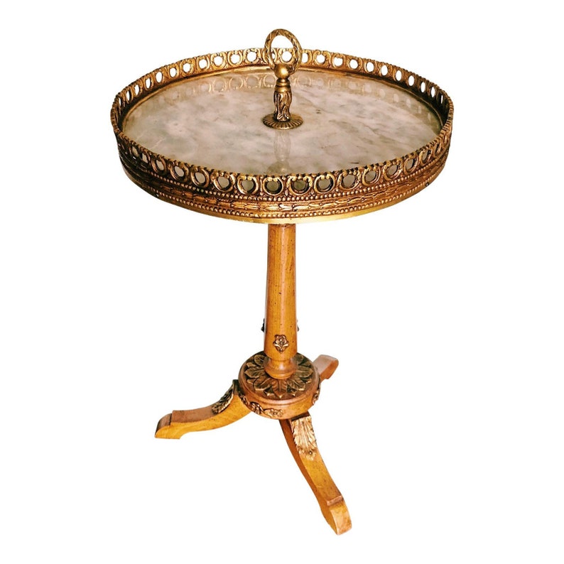 Vintage Marble Brass Round Side Table Ornate Image 0