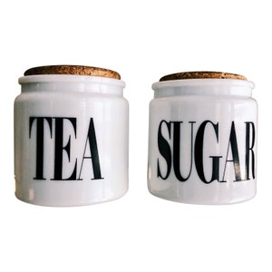 Vintage Sugar + Tea Canister Jars w/ Cork Lids /  Pair of Milk Glass Canisters / Made In England