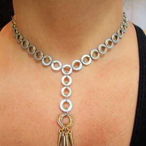 Lariat Necklace, Y Shaped Necklace, Spiked Necklace, Two Toned Necklace, Chain Maille Necklace, Geometric Necklace, Industrial Necklace