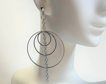 Stainless Steel Hoop Dangle Earrings, Minimalist Chain Earrings