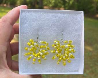 Yellow Sunburst Beaded Earrings, Dangle Earrings, Goddess Earrings,Bohemian Earrings, Drop Earrings, Unique Earrings, Coiled Beaded Earrings