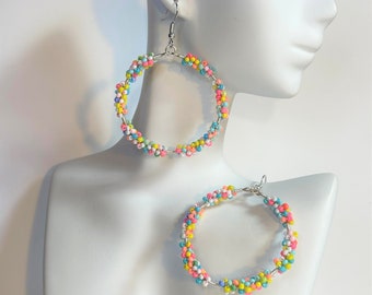 Pastel Seed Bead Hoop Earrings, Wire Wrapped Dangle Earrings