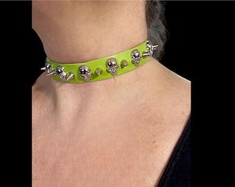 Green Spiked Skull Choker, Vegan Leather Goth Collar