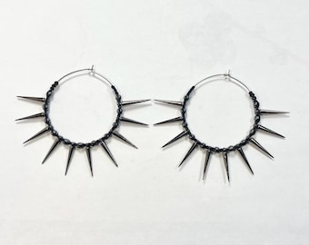 Gunmetal Spiked Hoop Earrings, Macrame Punk Goth Accessories