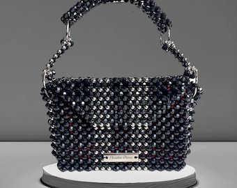 Black & Silver Beaded Evening Handbag: Red Satin Lined