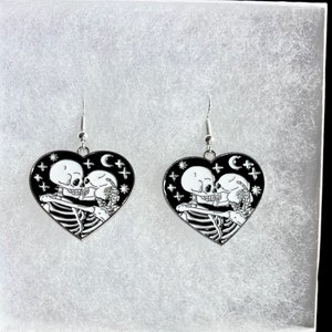 Heart Earrings, Enameled Heart Earrings, Dangle Earrings, Drop Earrings, Skull Heart Earrings, Goth Earrings, Punk Earrings