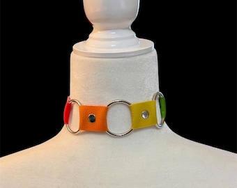 Rainbow O-Ring Faux Leather Choker, Gothic Vegan Jewelry, Pride Jewelry