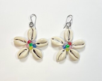 Cowrie Shell Flower Earrings, Rainbow Beaded, Stainless Steel Wire