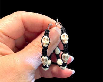 Skull Beaded Hoop Earrings: Macrame Howlite Skulls, Halloween Jewelry