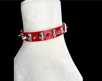 Red Faux Leather Spiked Skull Choker, Goth Punk Jewelry