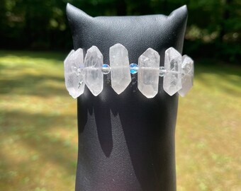 Crystal Quartz Beaded Bracelet, Quartz Point Crystal Bracelet, Stretch Crystal Beaded Bracelet, Faceted AB Crystal Beaded Quartz Bracelet,