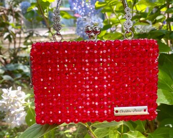 Red Beaded Handbag, Kiss Clasp Purse, Evening Bag