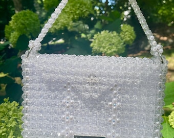 Clear and Pearl Beaded Handbag, Satin Liner, Beaded Purse