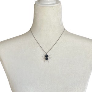 以下が含まれることがあります： 銀色のチェーンネックレスに、黒いクモのペンダントがついたもの。クモはワイヤーで作られており、ビーズでできた体をしている。