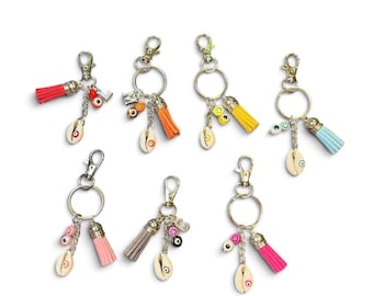 Evil Eye Cowrie Shell Purse Charm, Personalized Keychain, Smile Face Beaded, Tassel