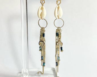 Cowrie Shell Dangle Earrings, Beaded Gold Fringe, Bohemian Style