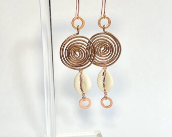 Cowrie Shell Earrings, Copper Spiral Dangle, Bohemian Statement Earrings