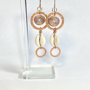 Cowrie Shell Earrings, Copper Spiral Earrings, Wire Wrapped Earrings, Bohemian Earrings, Statement Earrings, Dangle Drop Earrings